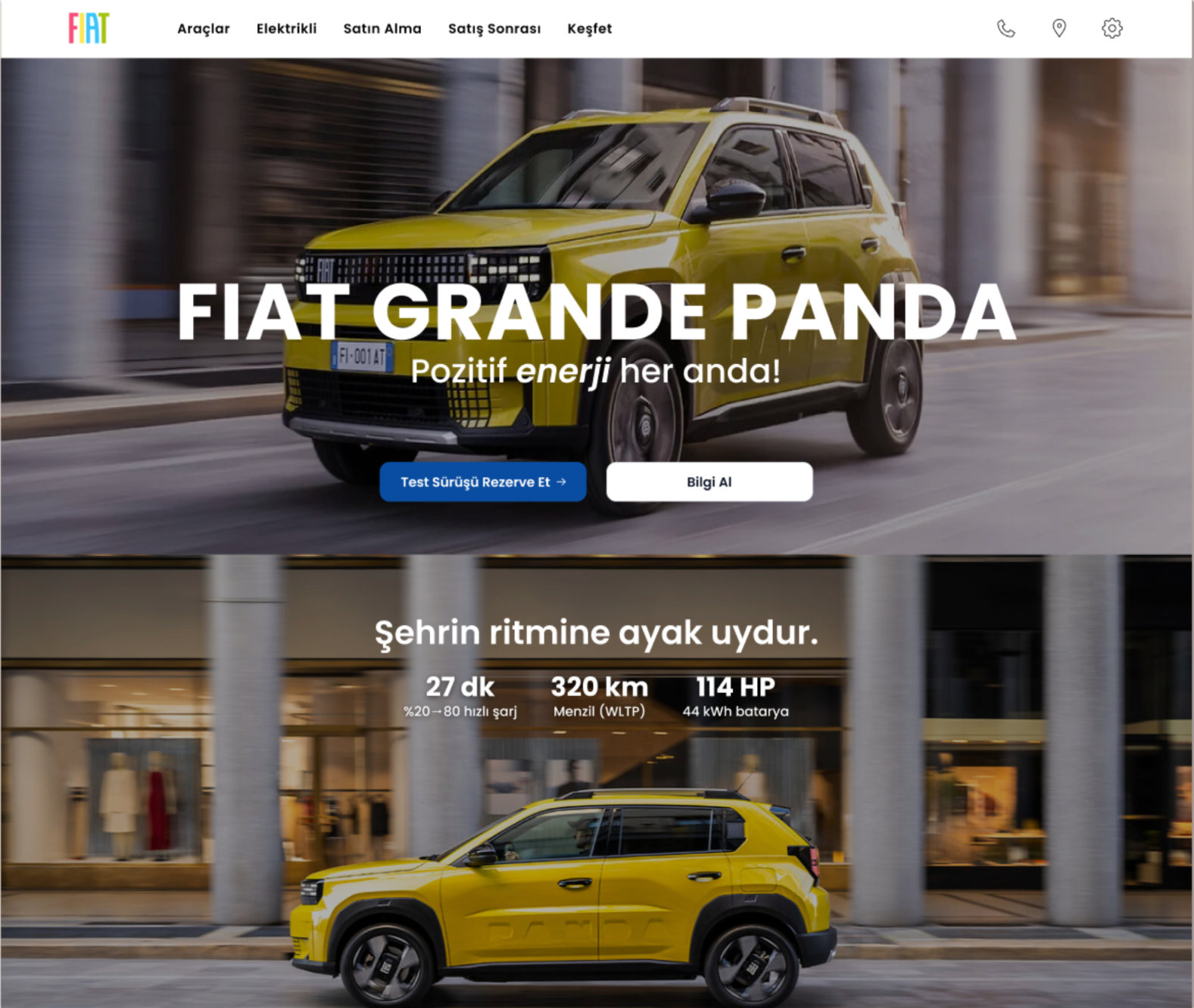 Redesigned Fiat Grande Panda hero with a spec strip: 27 min fast charge, 320 km range, 114 HP