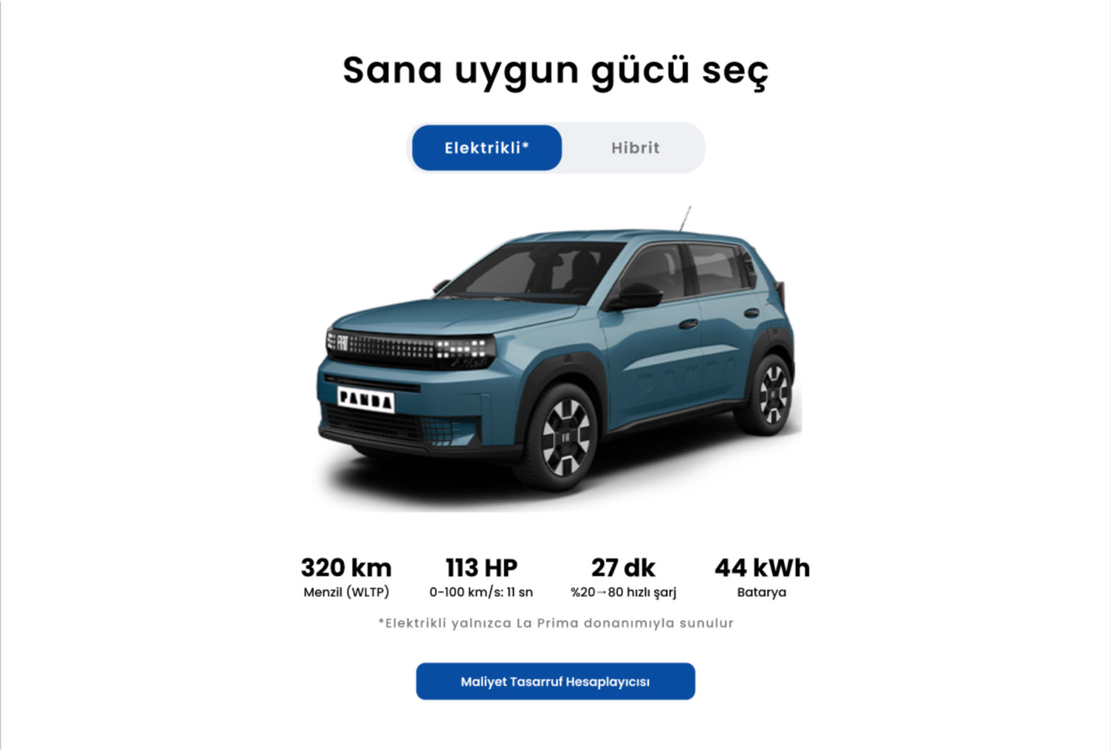 “Choose your power” section with an Electric / Hybrid toggle, key specs and a cost savings calculator button