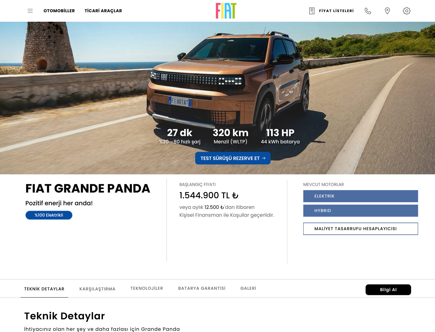 Within Fiat's templates: Grande Panda page with a photo hero and key specs, title, price and powertrain options below