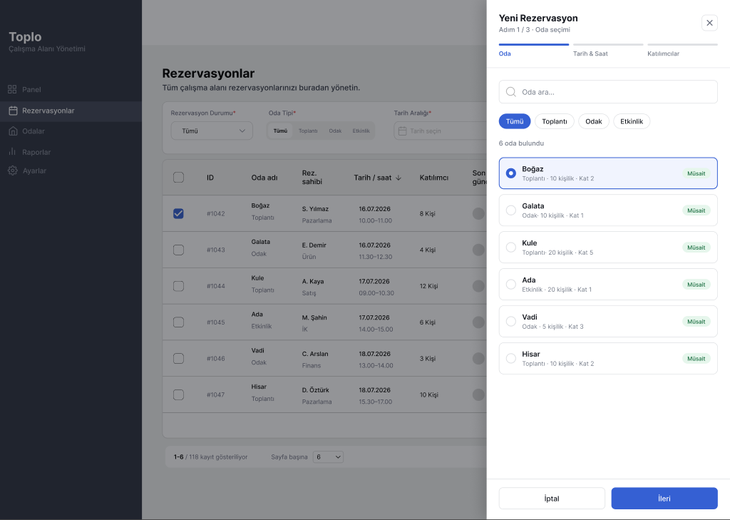Step 1: choose a room — searchable list with room type chips and availability badges