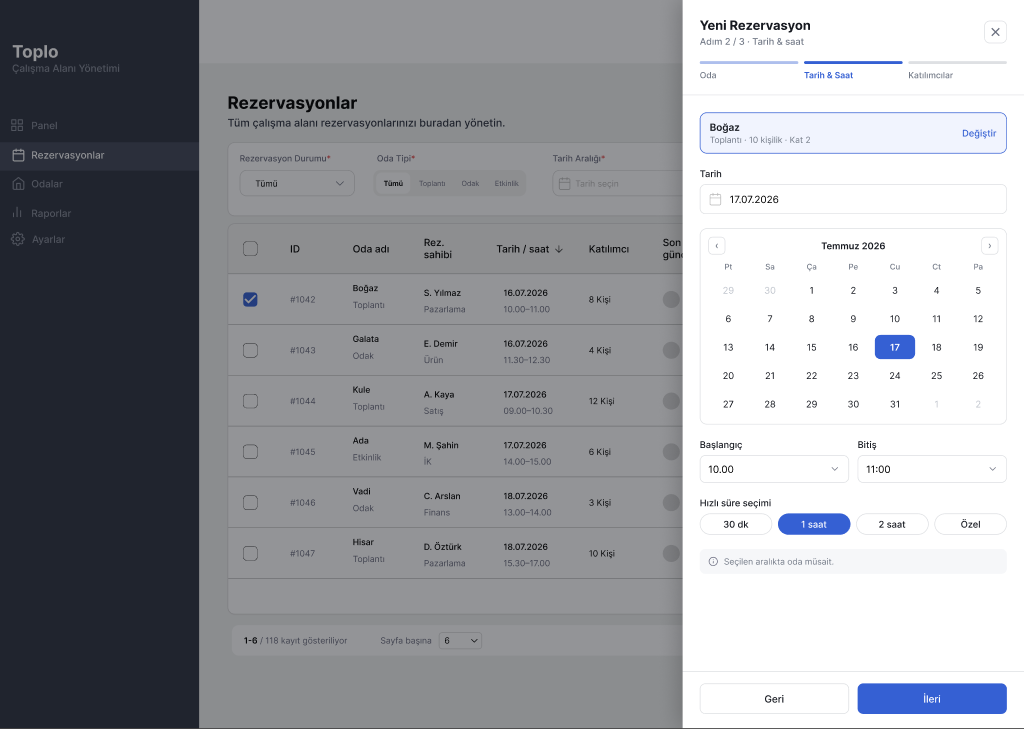 Step 2: date and time — calendar, start and end time, quick duration chips and an availability message
