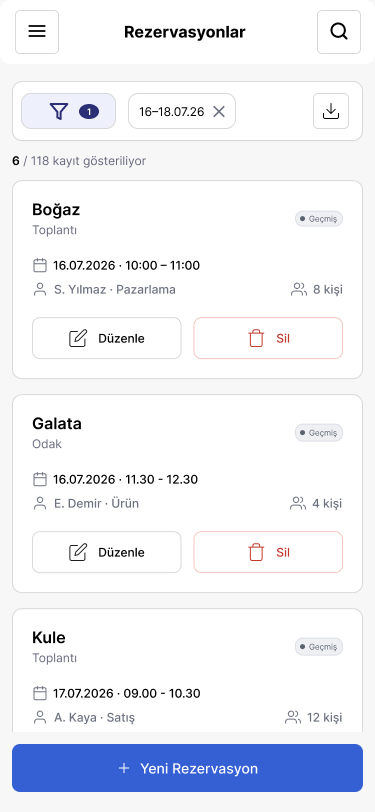 Mobile reservations list as cards with date, owner, attendees, edit and delete buttons