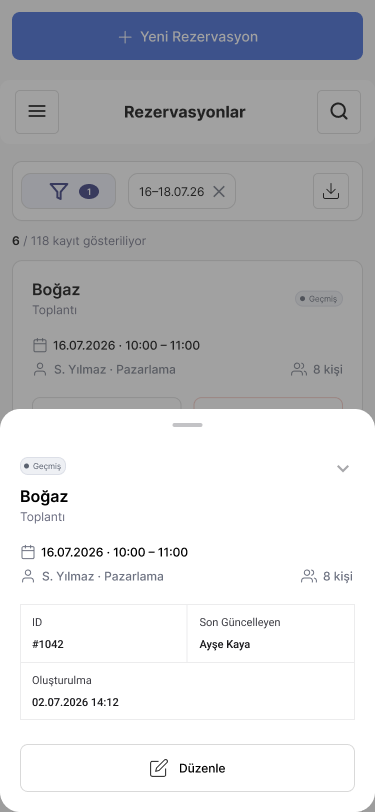 Mobile bottom sheet with reservation details: ID, last updated by, created date and an edit button